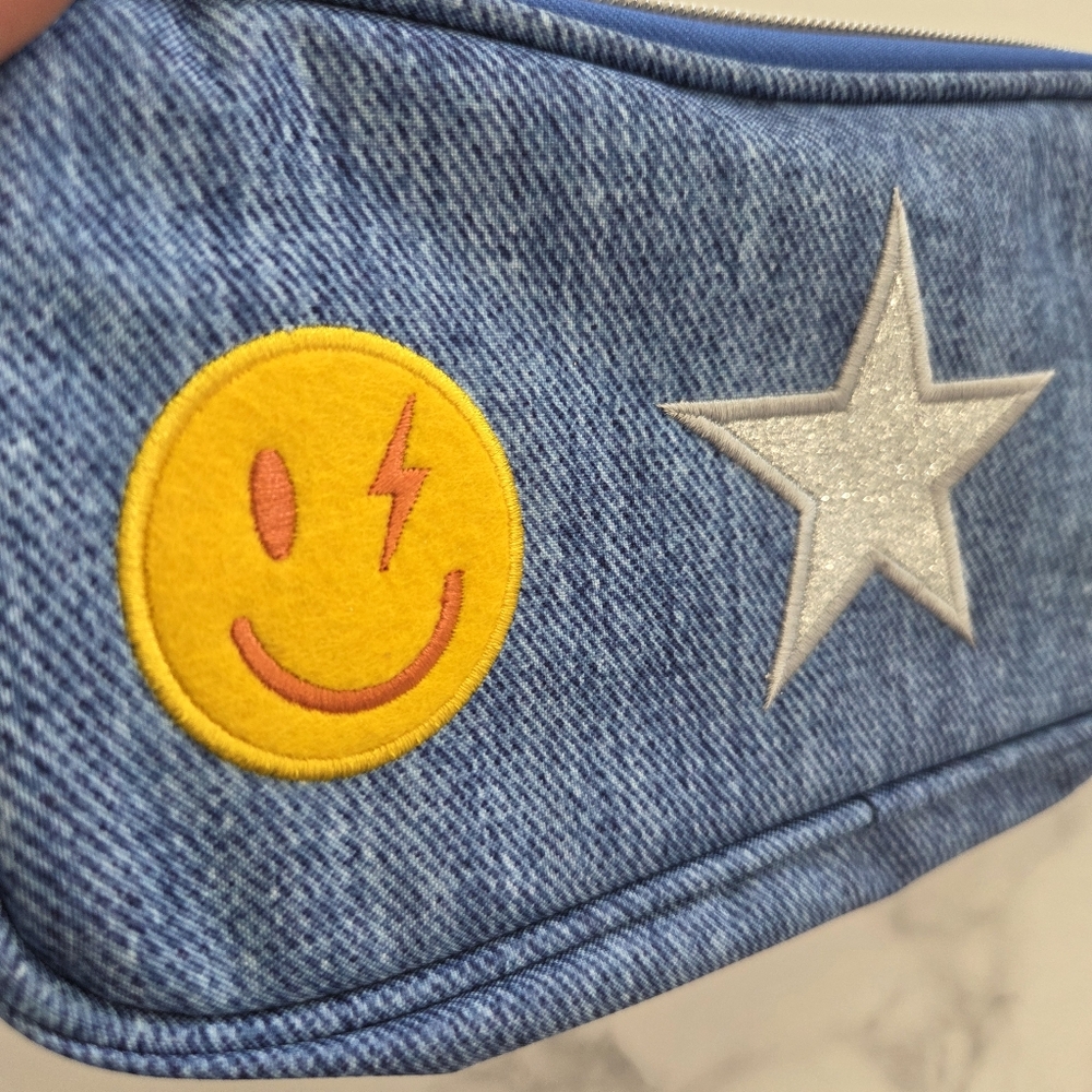 Y2K Blue Denim Cosmetic Travel Pouch Double Zipper Pencil Case Emoji Patches - Picture 11 of 14